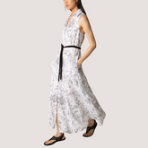 Linen White and Black Printed Sleeveless Shirt Dress